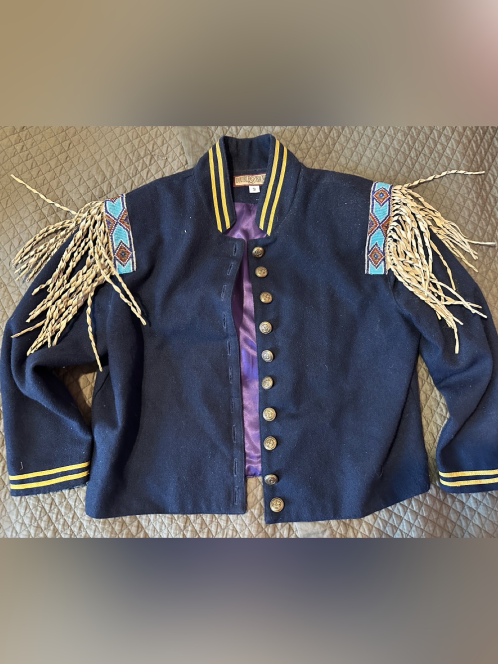 Double D Ranch Wear Navy Blue Leather Fringe Wool Coat with Embroidered Accents